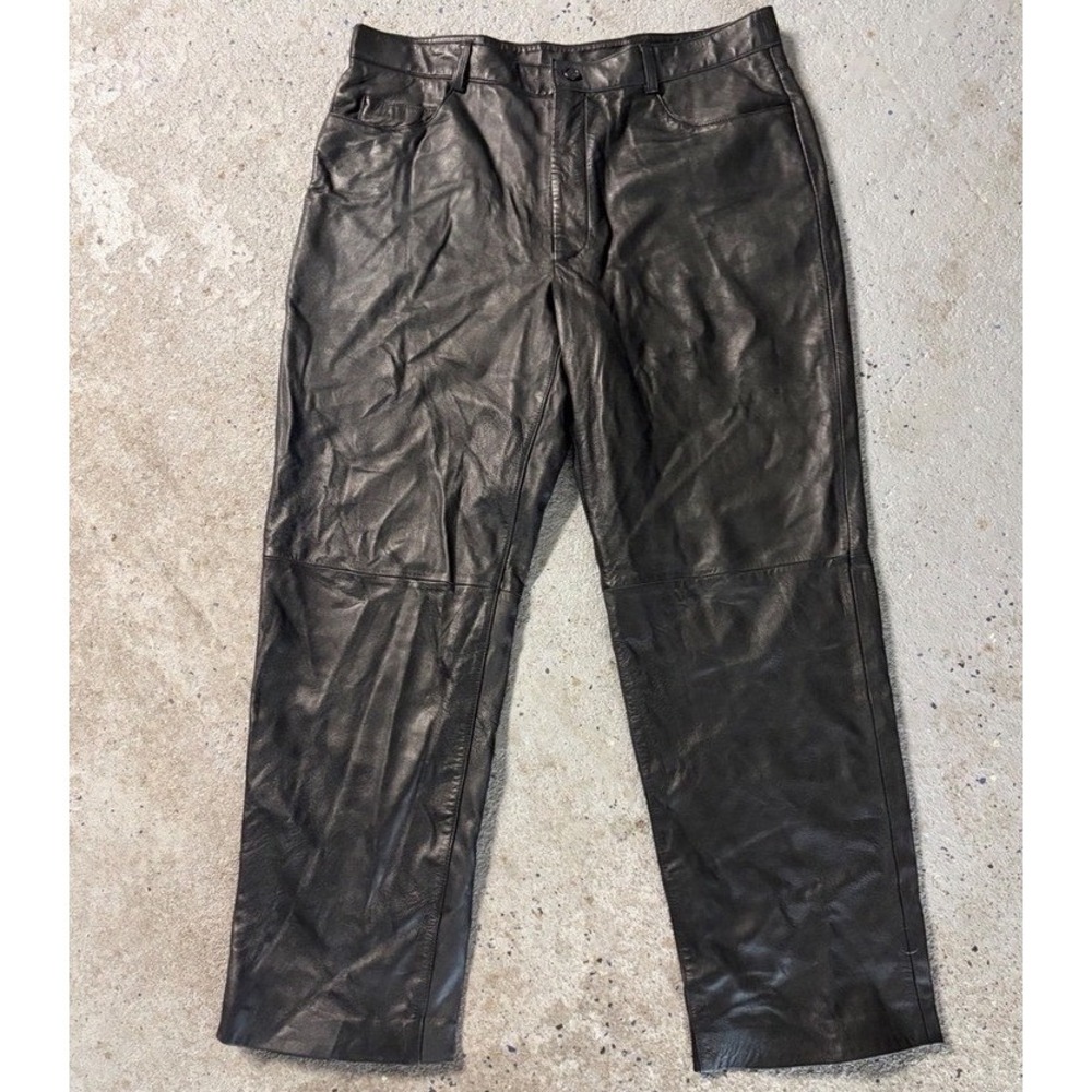 Alfani Mens Black Genuine Leather Straight Leg Pants 36x30L WPL 8046 5-Pocket